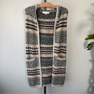 Monteau Festival Boho Knit Long Longline Open Vest Aztec Neon Hooded Medium